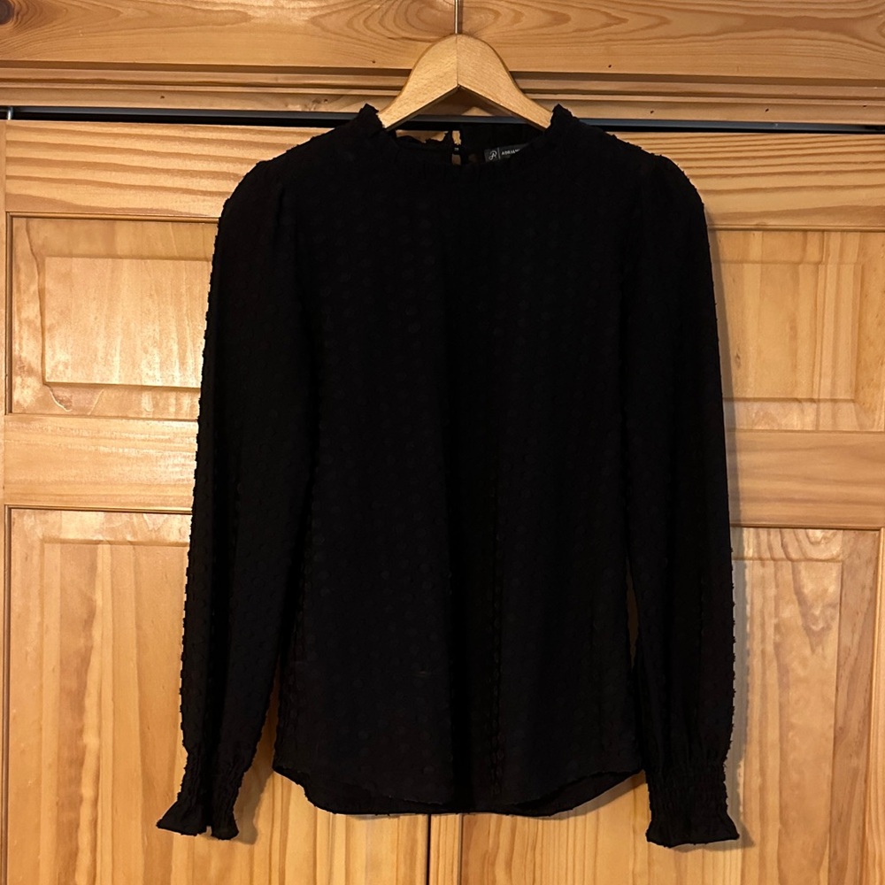 Adrianna Papell Black Textured Ruffle Neck Long Sleeve Blouse